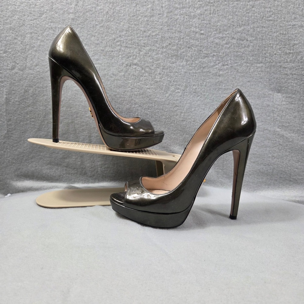 Prada Peep Toe Pumps Women 35.5 Olive Green Good Metallic Patent Platform Heel
